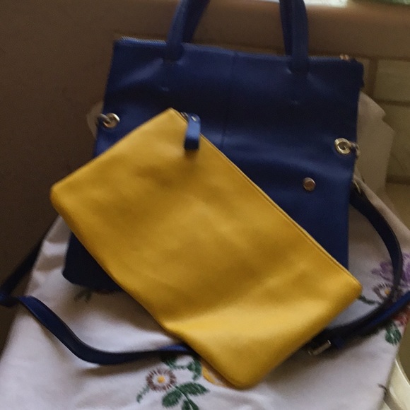 NWOT Leather Handbag in blue and yellow - Picture 3 of 7